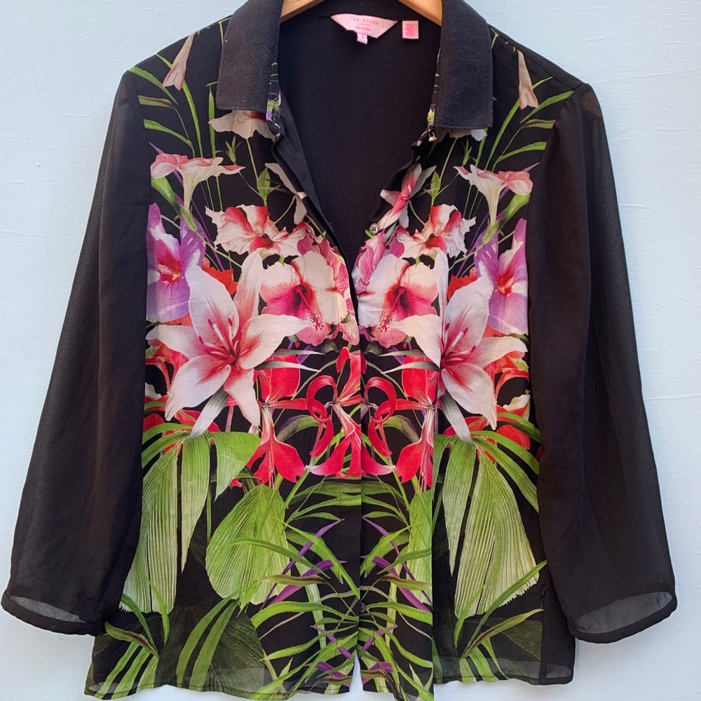 Ted Baker Top Black Green Pink Floral Print Blouse